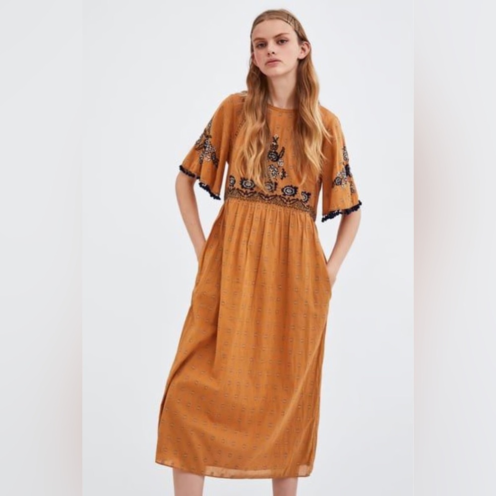 Zara TRF Woman Embroidered Mustard Midi Dress - Picture 2 of 15